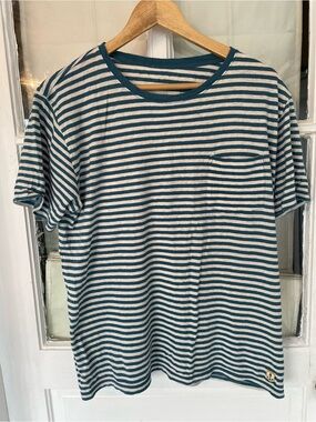 Armor Lux Linen-Cotton Teal & White Striped Short-Sleeve Pocket Tee